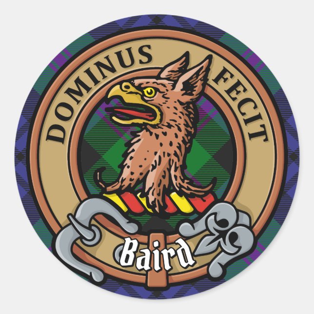 Clan Baird Crest over Tartan Classic Round Sticker (Front)