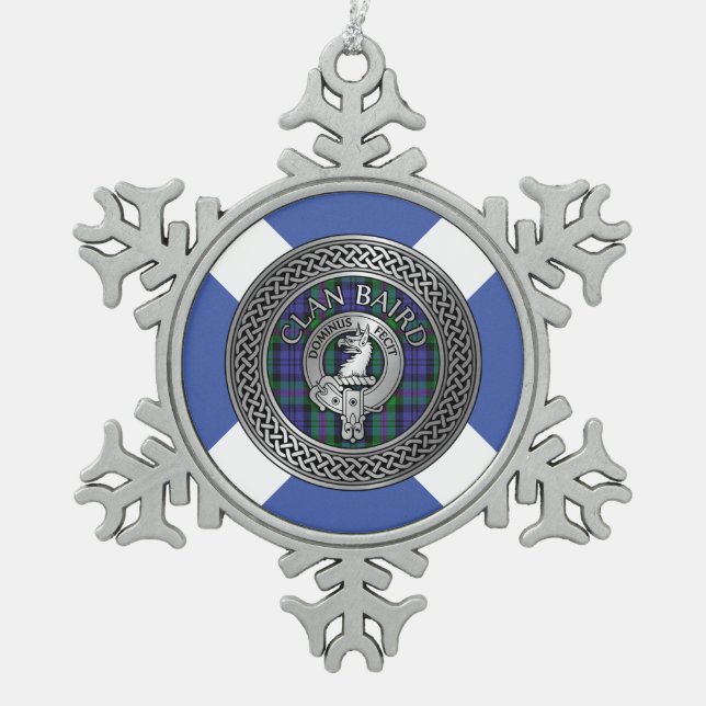 Clan Baird Crest & Tartan Knot Snowflake Pewter Christmas Ornament (Front)