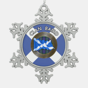Clan Baird Tartan Knot & Flag Snowflake Pewter Christmas Ornament