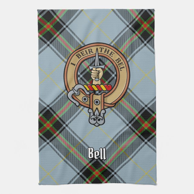 Clan Bell Crest over Tartan Tea Towel (Vertical)