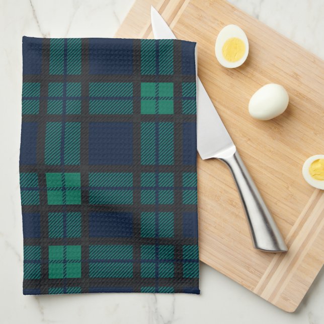 Clan Black Watch Plaid Blue Green Check Tartan Tea Towel (Quarter Fold)