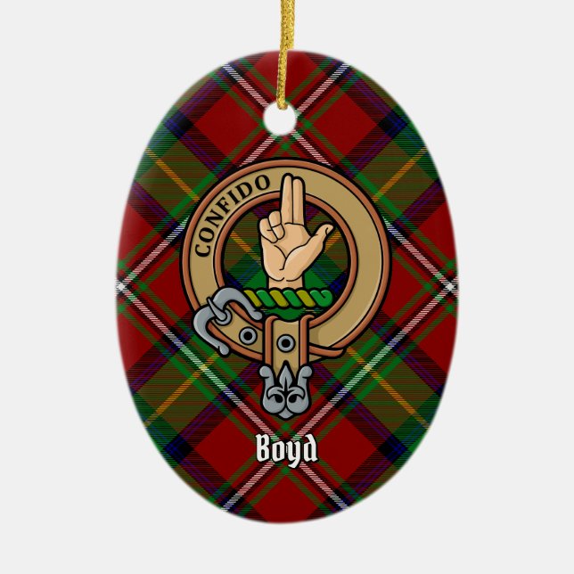 Clan Boyd Crest over Tartan Ceramic Tree Decoration (Front)