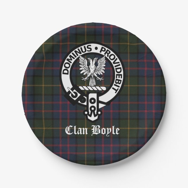 Clan Boyle Crest Badge and Tartan Paper Plate (Front)