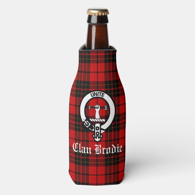 Clan Brodie Crest Badge and Tartan Bottle Cooler (Bottle Front)