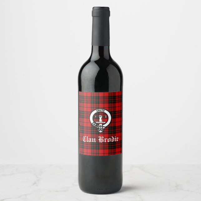 Clan Brodie Crest Badge and Tartan Wine Label (Front)