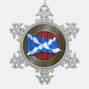 Clan Brodie Tartan Knot & Flag Snowflake Pewter Christmas Ornament