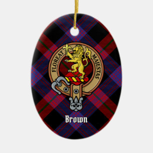 Clan Brown Crest over Tartan Ceramic Tree Decoration