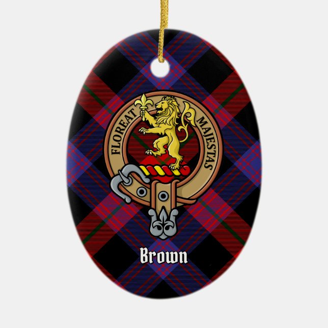 Clan Brown Crest over Tartan Ceramic Tree Decoration (Front)