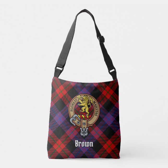 Clan Brown Crest over Tartan Crossbody Bag (Front)