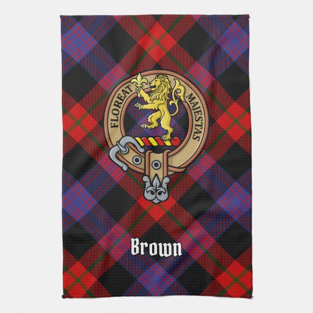 Clan Brown Crest over Tartan Tea Towel (Vertical)
