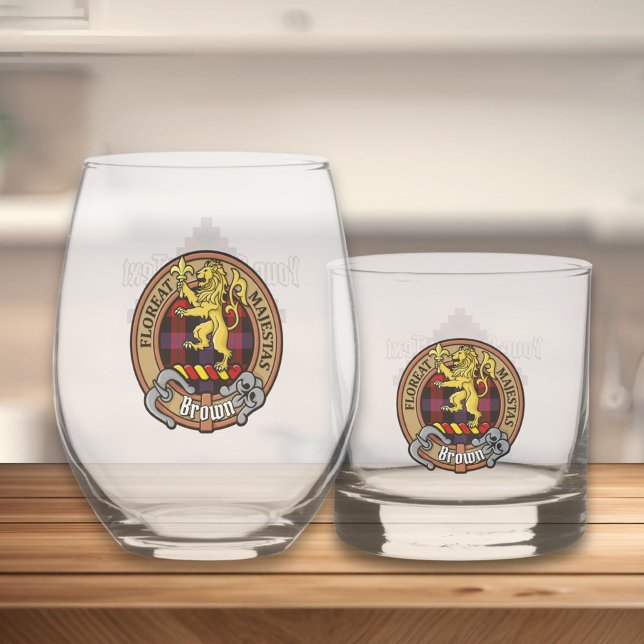 Clan Brown Crest over Tartan Whiskey Glass (Creator Uploaded)