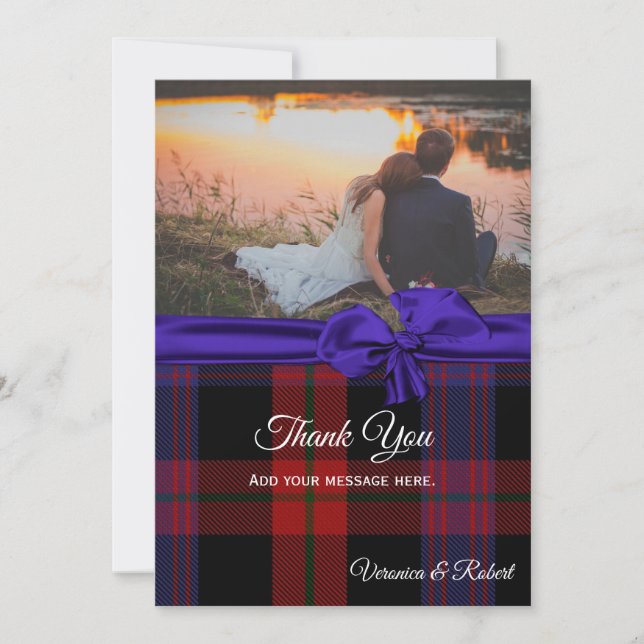 Clan Brown Plaid Wedding Photo Thank You Card (Front)