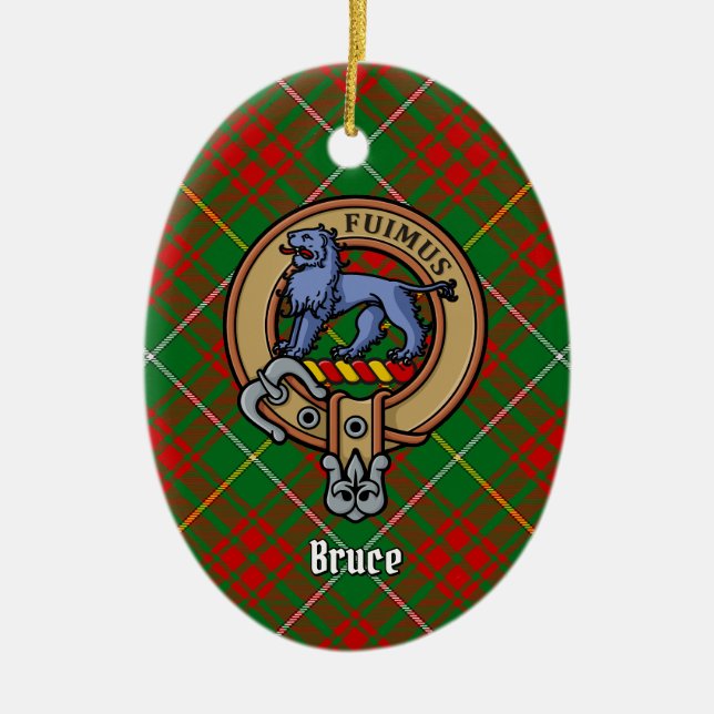 Clan Bruce Crest over Hunting Tartan Ceramic Tree Decoration (Front)