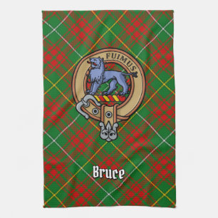 Clan Bruce Crest over Hunting Tartan Tea Towel
