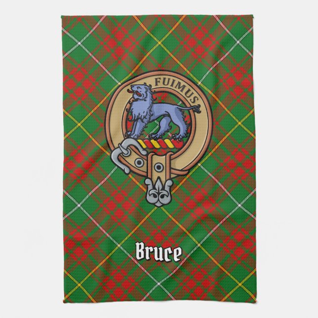 Clan Bruce Crest over Hunting Tartan Tea Towel (Vertical)
