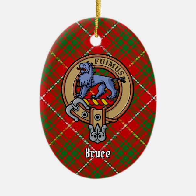 Clan Bruce Crest over Tartan Ceramic Tree Decoration (Front)