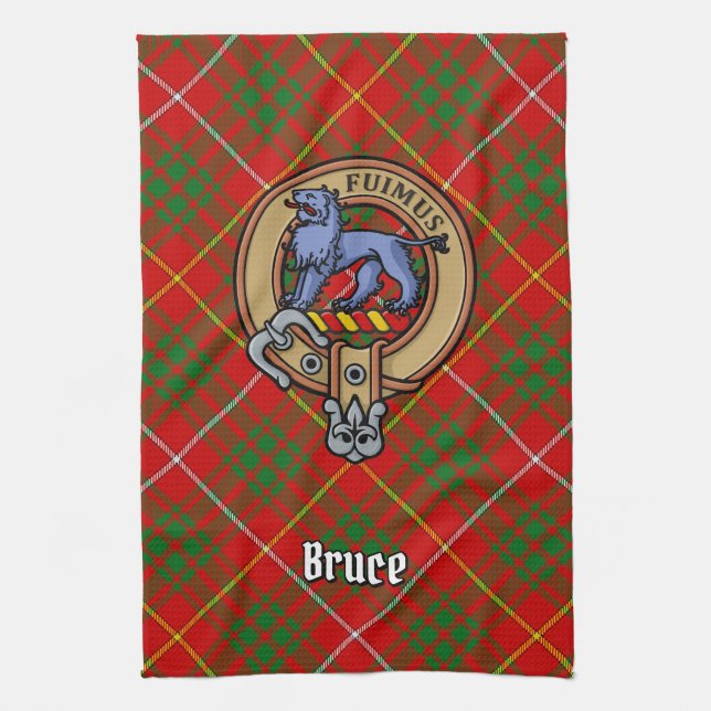 Clan Bruce Crest over Tartan Tea Towel (Vertical)