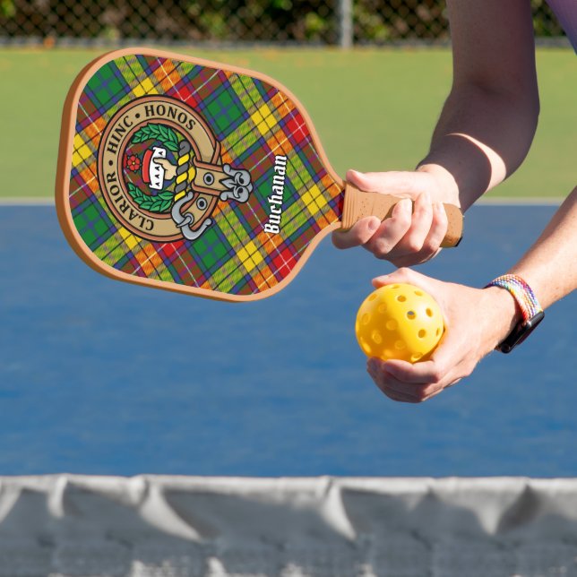 Clan Buchanan Crest over Tartan Keychain Pickleball Paddle (Insitu)