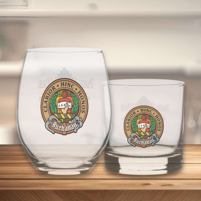 Clan Buchanan Crest over Tartan Whiskey Glass (Creator Uploaded)