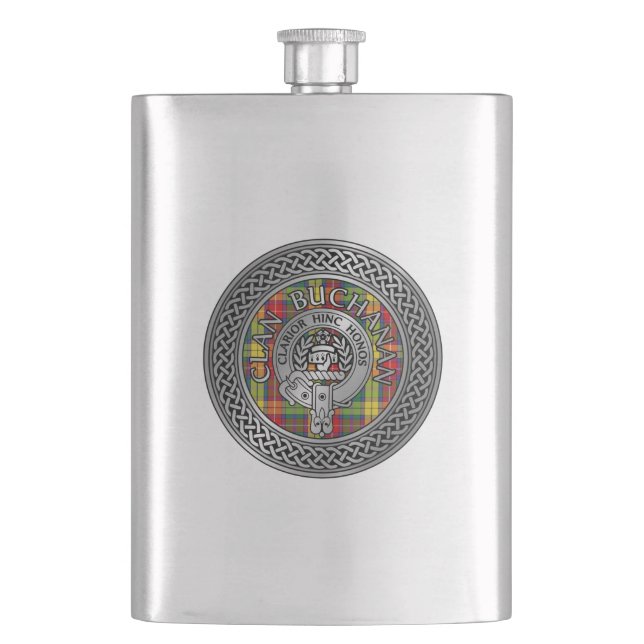 Clan Buchanan Crest & Tartan Knot Hip Flask (Front)