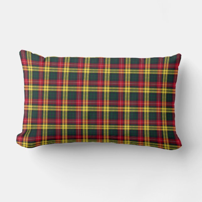 Clan Buchanan Green, Yellow, and Red Tartan Lumbar Cushion (Front)
