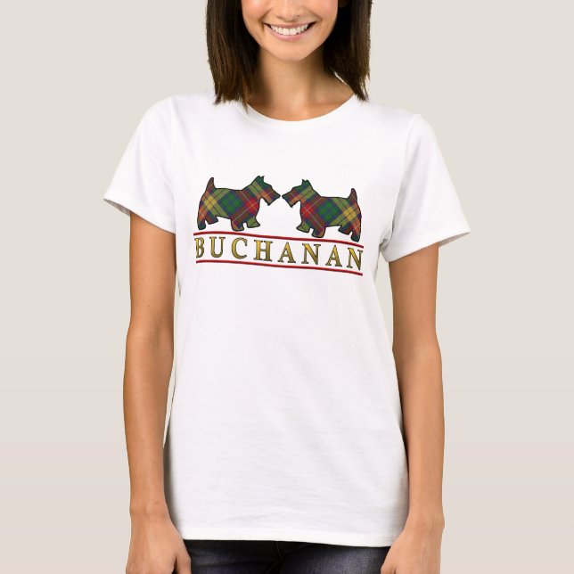 Clan Buchanan Tartan Scottie Dogs T-Shirt (Front)