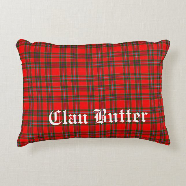 Clan Butter Tartan and Custom Text Decorative Cushion (Front)