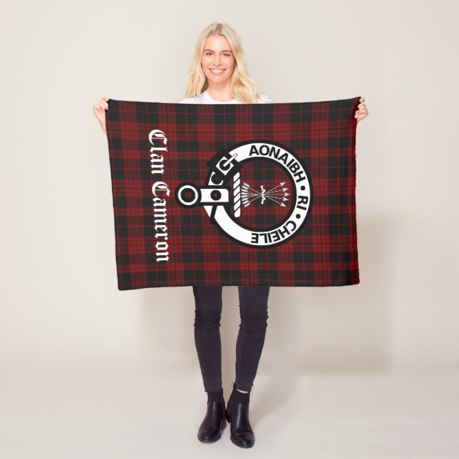 Clan Cameron Crest Badge and Tartan Fleece Blanket (In Situ)