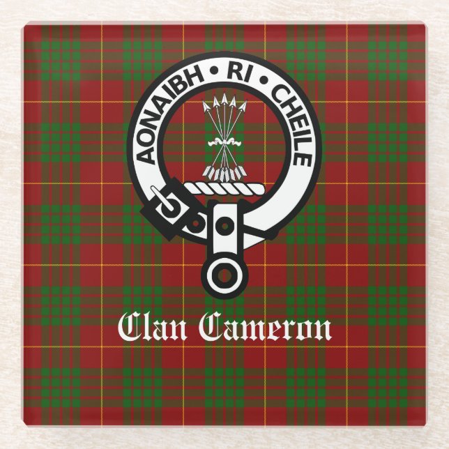 Clan Cameron Crest Badge & Tartan Customisable Glass Coaster (Front)