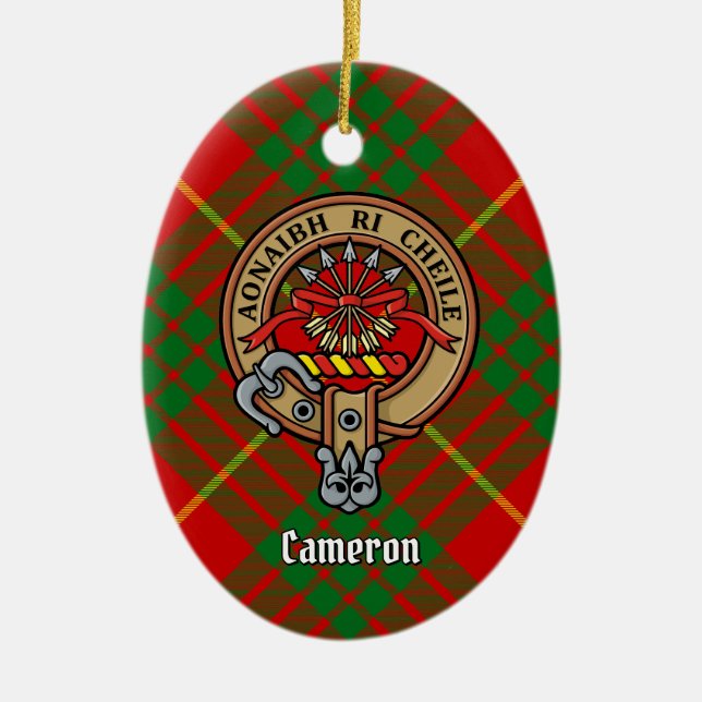 Clan Cameron Crest over Tartan Ceramic Tree Decoration (Front)