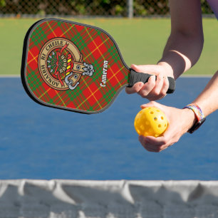 Clan Cameron Crest over Tartan Pickleball Paddle
