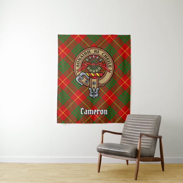 Clan Cameron Crest over Tartan Tapestry (In Situ)