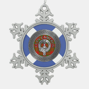 Clan Cameron Crest & Tartan Knot Snowflake Pewter Christmas Ornament