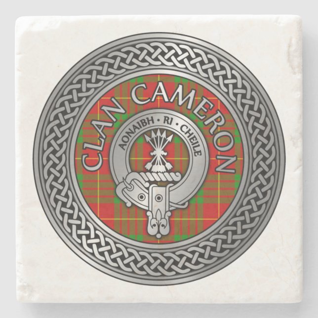 Clan Cameron Crest & Tartan Knot Stone Coaster (Front)