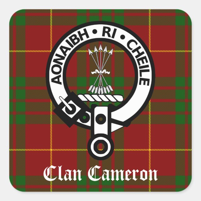 Clan Cameron Crest & Tartan Square Sticker (Front)