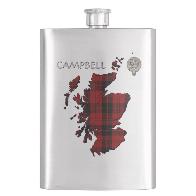 Clan Campbell Crest & Armaddie Tartan Map Hip Flask (Front)