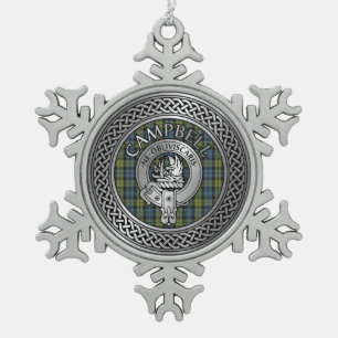 Clan Campbell Crest & Tartan Knot  Snowflake Pewter Christmas Ornament