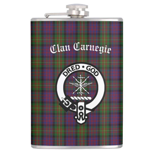 Clan Carnegie Crest Badge and Tartan  Hip Flask (Front)