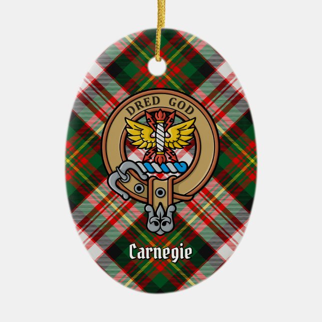 Clan Carnegie Crest over Dress Tartan Ceramic Tree Decoration (Front)