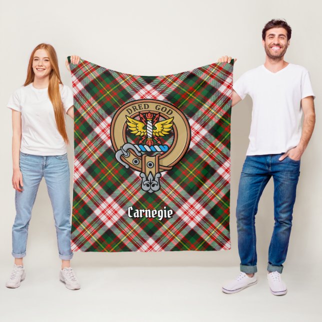 Clan Carnegie Crest over Dress Tartan Fleece Blanket (In Situ)