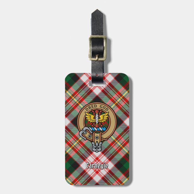 Clan Carnegie Crest over Dress Tartan Luggage Tag (Front Vertical)