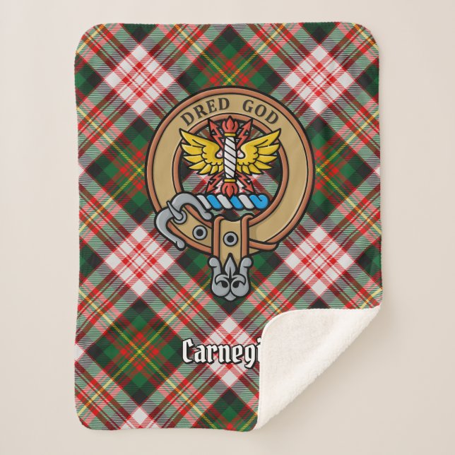 Clan Carnegie Crest over Dress Tartan Sherpa Blanket (Front)