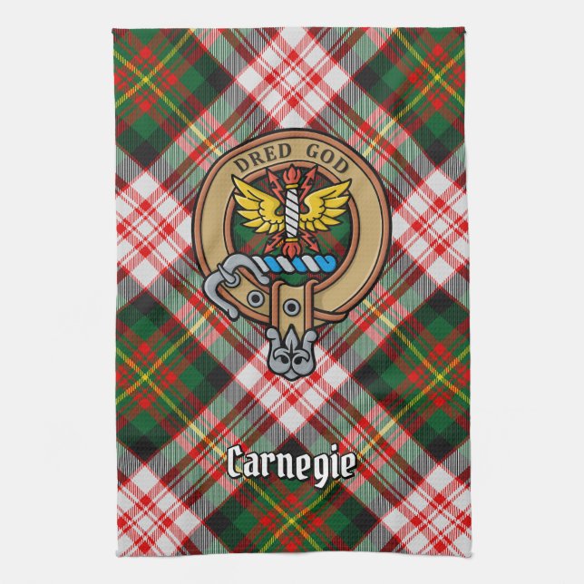 Clan Carnegie Crest over Dress Tartan Tea Towel (Vertical)