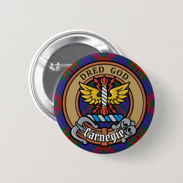 Clan Carnegie Crest over Tartan 6 Cm Round Badge (Front & Back)