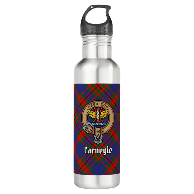 Clan Carnegie Crest over Tartan 710 Ml Water Bottle (Front)