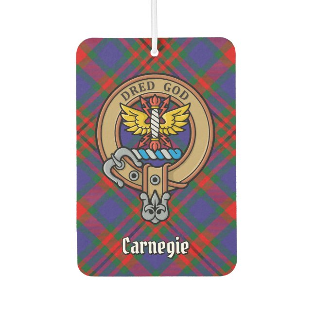 Clan Carnegie Crest over Tartan Car Air Freshener (Front)