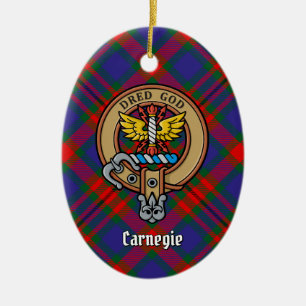 Clan Carnegie Crest over Tartan Ceramic Tree Decoration