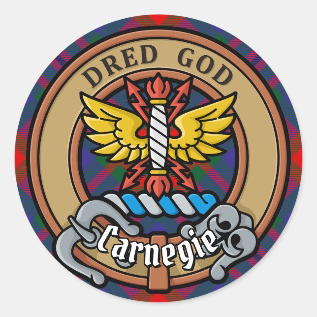 Clan Carnegie Crest over Tartan Classic Round Sticker (Front)