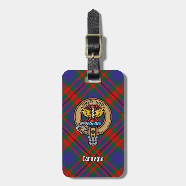 Clan Carnegie Crest over Tartan Luggage Tag (Front Vertical)