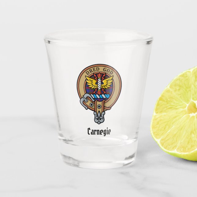 Clan Carnegie Crest over Tartan Shot Glass (Front)